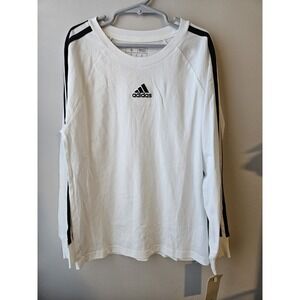 Adidas Boys S Long Sleeve Shirt White Black 3 Stripes Logo Tee Cotton